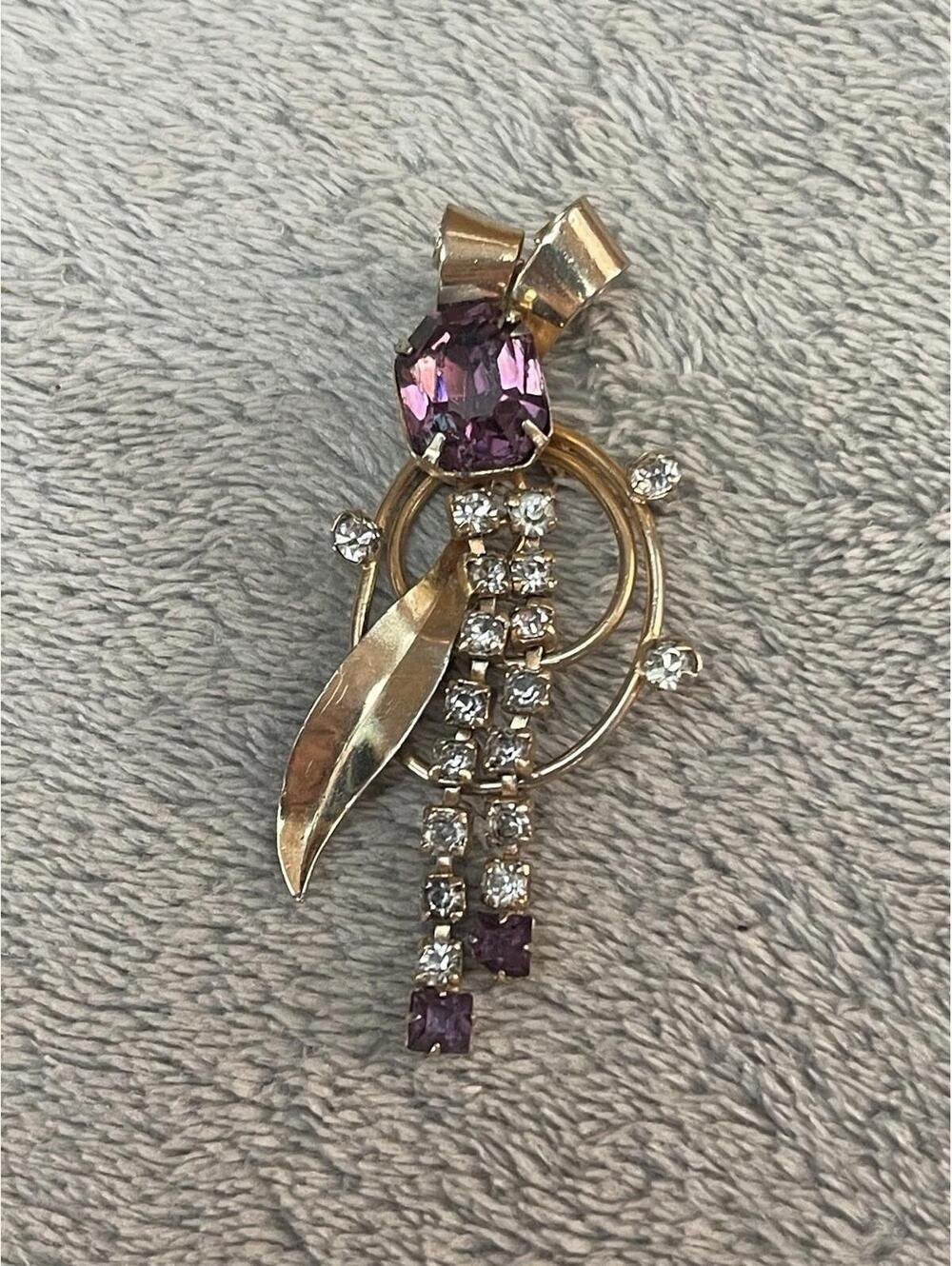 Vtg Scitarelli Purple & Clear Rhinestone Brooch Pin Pendant 2.25” Gold Tone Bow